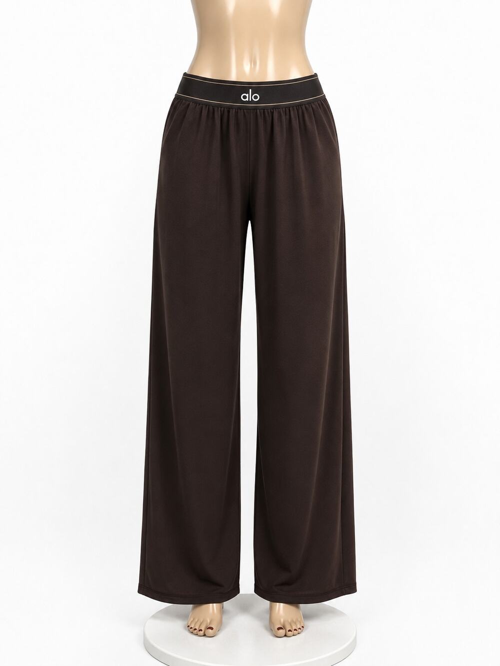 ALO Yoga Wide Leg Track Pants in Dark Brown with Black Waistband